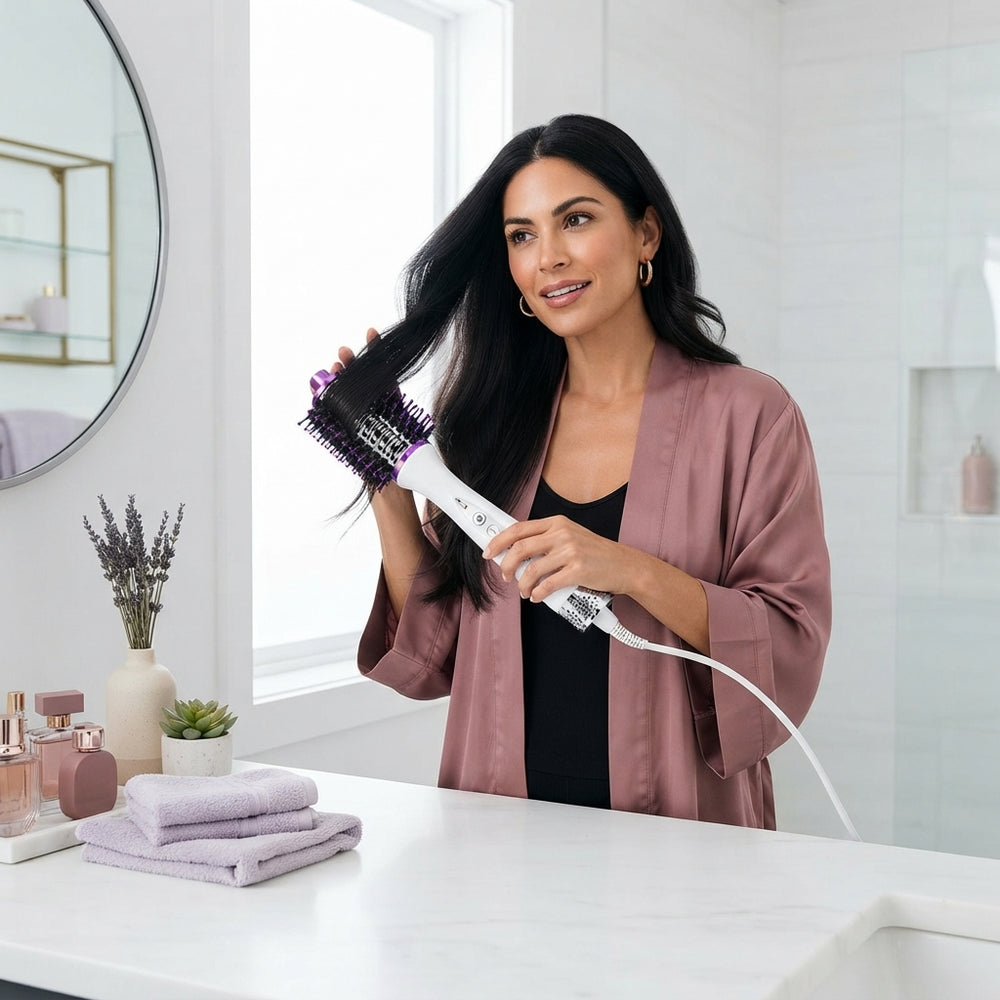 A woman styling her hair with a Sharkie hot blow dryer brush in a modern bathroom with dusty rose and lavender decor.
